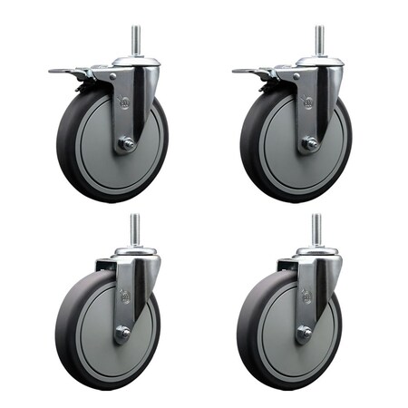 Service Caster 6 Inch Thermoplastic  Rubber Swivel 58 Inch Threaded Stem Caster Set 2 Total Lock Brakes SCC-TSTTL20S614-TPRB-58212-2-S-2